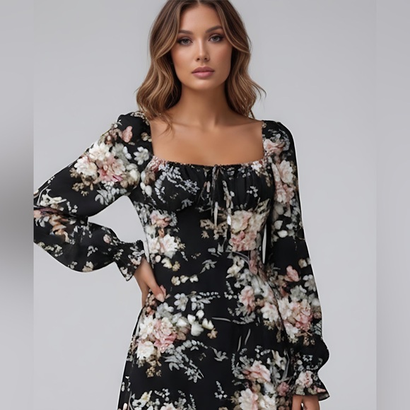 Boho French Floral Print Split Thigh Dress - Picture 2 of 10